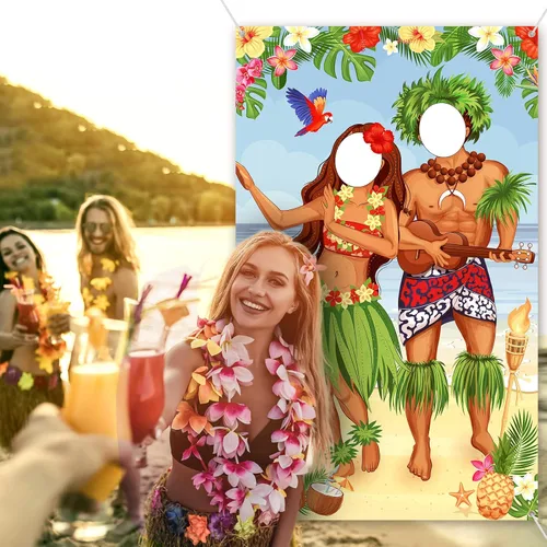 Miniatura 3 de Frienda Luau - Cartel de fotos para puerta de pareja, decoración de fiesta hawaiana de Tiki Luau, accesorios de fotos de Aloha Tiki para reunirse