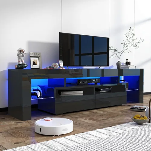 Miniatura 3 de St.Mandyu Soporte de TV LED para TV de 65/75/85 pulgadas, centro de entretenimiento moderno de alto brillo con cajón y luces LED, mesa de televisión