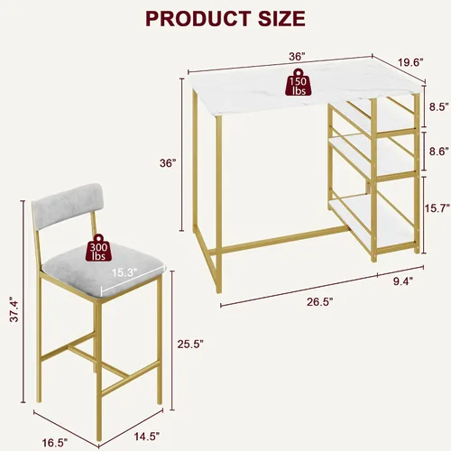 Miniatura 7 de CABIHOME Juego de mesa de comedor para 2, mesa de cocina y sillas tapizadas de terciopelo para 2, juego de mesa de bar de altura de mostrador de 3