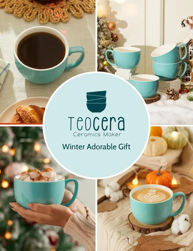 Miniatura 5 de Teocera Juego de 4 tazas de café turquesa de cerámica de 16 onzas, juego de tazas grandes con asa para bebidas frías o calientes como cacao, leche