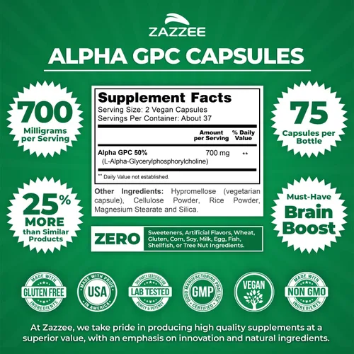 Miniatura 2 de Zazzee Alpha GPC Colina 300 mg por cápsula, 75 cápsulas veganas, 100% pura grado farmacéutico, 100% vegetariano, estandarizado para potencia