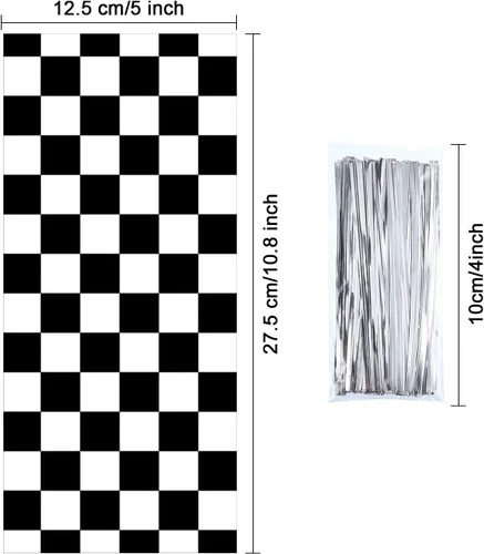 Miniatura 6 de Blulu 100 bolsas de celofán para caramelos, color negro y blanco, a cuadros, bolsas de plástico para regalo de carreras, bolsa de regalo, bolsa