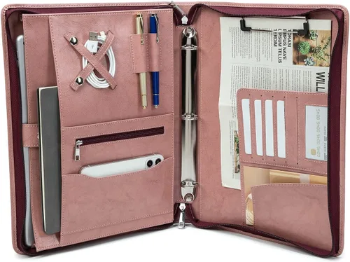 Miniatura 20 de Carpeta de 3 anillos de cuero genuino con portapapeles, mango oculto, portafolio con cremallera de 8.5 x 11 pulgadas, organizador de negocios, folio