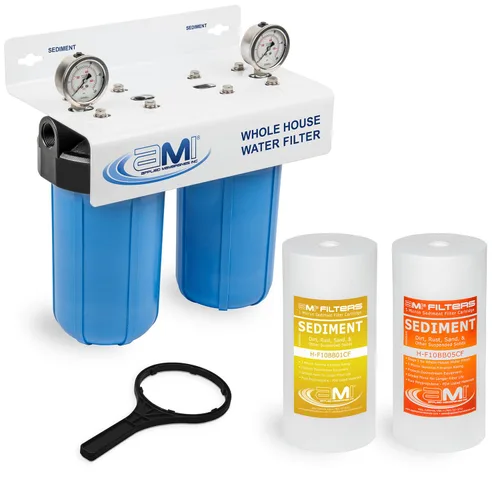 Miniatura 2 de Applied Membranes Inc. Sistema de filtro de agua de 2 etapas para toda la casa, 1 micrón y 5 micrones 4.5 pulgadas por 10 cartuchos de filtro