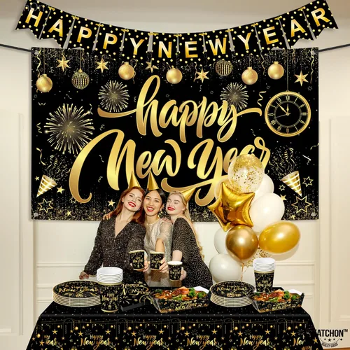 Miniatura 7 de KatchOn, Juego enorme de decoraciones de mesa de Año Nuevo, paquete de 117 Suministros de fiesta de Feliz Año Nuevo 2026 Cartel de Feliz Año