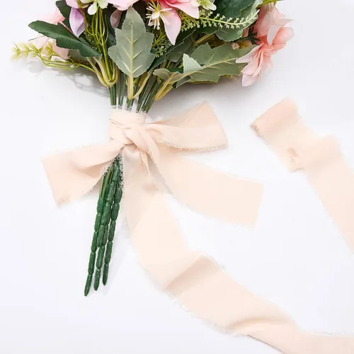 Miniatura 5 de Pretty Jolly Cinta de gasa beige para envolver regalos, 3 rollos de 2 pulgadas x 7 yardas, cinta de tela de seda hecha a mano con flecos para ramo