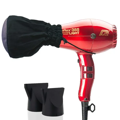 Parlux 385 Powerlight - Secador de pelo rojo iónico y cerámico + difusor de malla metálica M Hair Designs (paquete), ligero, de secado rápido, con