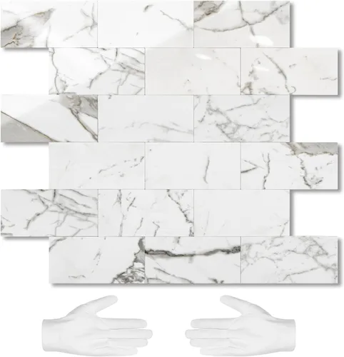 Miniatura 14 de STICKGOO azulejo de metro de 10 hojas para despegar y pegar, azulejo de pared autoadhesivo de PVC, salpicadero adhesivo de Calacatta para cocina