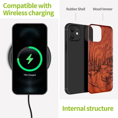 Miniatura 8 de Carveit Funda magnética de madera para iPhone 12 [madera natural y TPU suave negro] a prueba de golpes, funda de madera única compatible con MagSafe