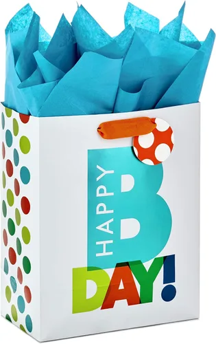 Hallmark - Bolsa de regalo de cumpleaños, tamaño mediano, 9.0 pulgadas, papel de seda y mini letreros (diseño de texto "Happy Happy Birthday", color