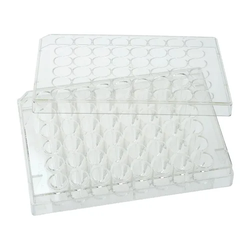 Celltreat 229147 48 Plato de cultivo de tejidos de poliestireno transparente con tapa, estéril, área de crecimiento celular de 0.1 in², fondo plano,