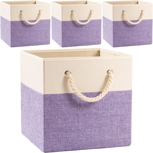 Miniatura 15 de PRANDOM Contenedores plegables grandes de almacenamiento de 11 x 11 pulgadas [paquete de 4] cestas de almacenamiento de tela de lino, cubos con asas