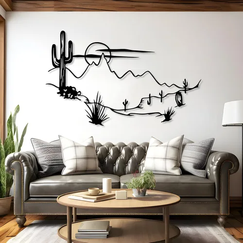 Miniatura 2 de Cadeali Arte de pared de metal de paisaje del desierto, decoración de pared de cactus de metal, decoración de pared del desierto bohemio, arte