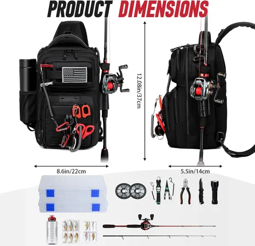 Miniatura 5 de Bolsa de pesca con soporte de caña de pescar, calcomanías fijas, sistema MOLLE, cebo suave y almacenamiento de equipos, regalo para hombres, negro