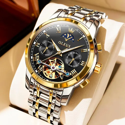 Miniatura 2 de OLEVS Relojes automáticos para hombre, diseño de esqueleto Tourbillon, cuerda automática, reloj de pulsera de lujo, fase lunar, fecha, impermeable