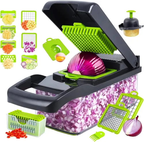 Cortador de verduras, multifuncional 13 en 1 rebanador de alimentos para cocina. Cortador de verduras con 8 cuchillas y recipiente para ensalada,