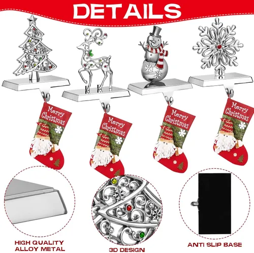 Miniatura 3 de GUOER Juego de 4 Soportes para Calcetines Navideños de Copo de Nieve para Repisa de Chimenea, Decoraciones Navideñas para Repisa de Chimenea
