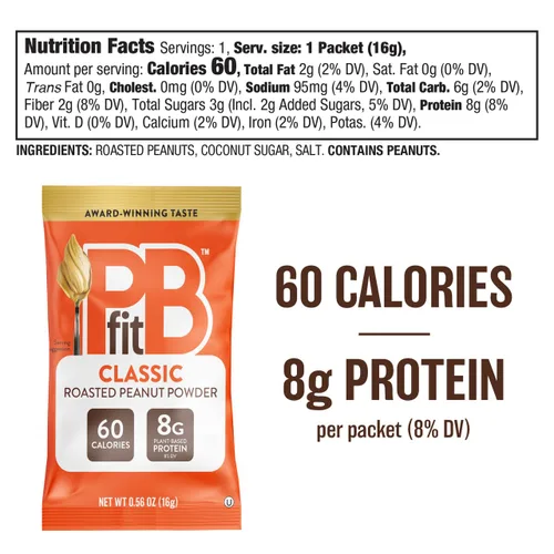 Miniatura 2 de PBfit Paquetes de Polvo de Mantequilla de Maní Clásico, Crema de Maní en Polvo de Maní Real Asado y Prensado, 8g de proteína 8% DV por paquete, 0.56