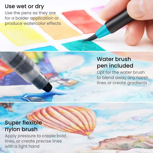 Miniatura 4 de ARTEZA Bolígrafos de pincel real, juego de 12, tonos brillantes, marcadores de acuarela mezclables y 1 cepillo de agua, suministros de arte