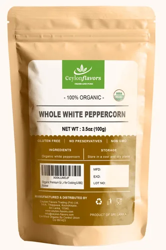 Pimienta blanca orgánica de grado premium. Súper alimento natural enriquecido con aroma y sabores para cocinar y barbacoa, 3.5 oz / 100 g