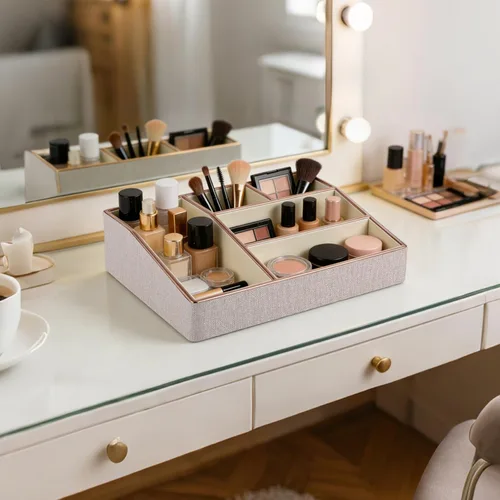 Miniatura 6 de Bandeja organizadora de maquillaje de piel sintética, organizador grande de tocador, caja de almacenamiento de cosméticos para pinceles de lápiz