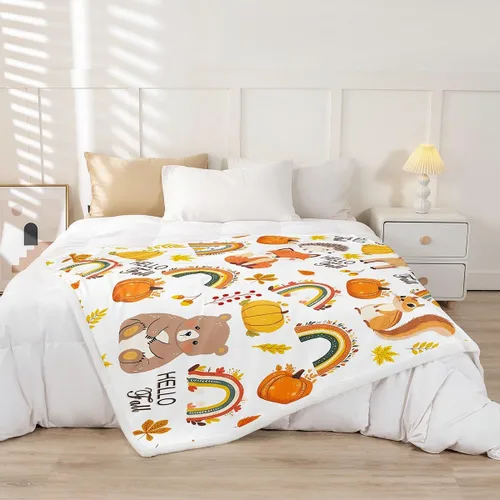 Miniatura 2 de Manfei Manta de otoño con diseño de hojas de calabaza, dibujos animados, arcoíris, zorro, oso, ciervo, para niños y niñas, manta de cosecha de otoño
