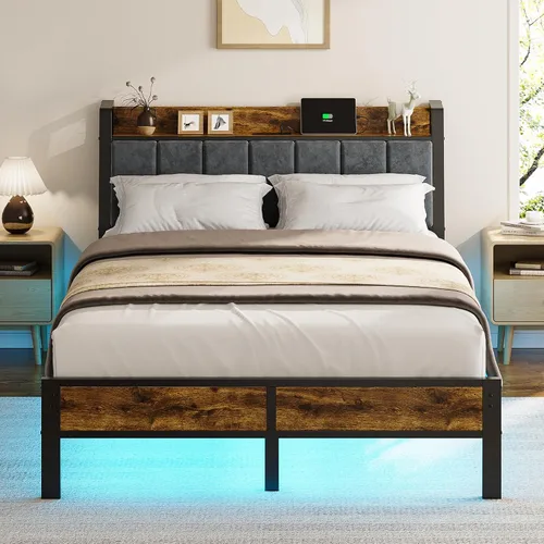 Miniatura 11 de Base de cama de tamaño individual con cabecera de almacenamiento y estación de carga, luces LED RGB inteligentes, cama de plataforma de metal