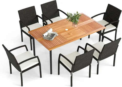 HAPPYGRILL Juego de 7 muebles de comedor de mimbre de ratán para exteriores, con agujero para paraguas, marco de acero con recubrimiento en polvo,