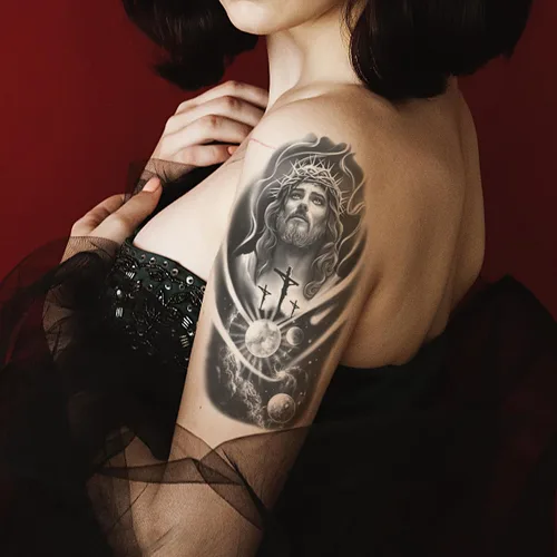 Miniatura 4 de 2 hojas de tatuajes temporales con cruz y luna de Jesús para adultos, espirituales religiosos, tatuajes falsos realistas, nebulosa galaxia en blanco