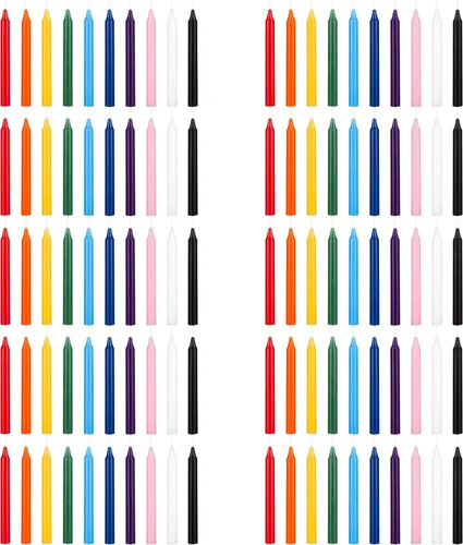 Mega Candles 100 mini velas cónicas sin perfume de colores surtidos, 5 pulgadas de alto x 1/2 pulgada de diámetro, campanadas de fundición,