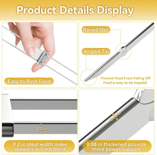 Miniatura 6 de Brochetas para Asar - Brochetas de 33 cm con Barra de Empuje de Doble Punta Antideslizante de Metal para Kabobs, Brocheta de Acero Inoxidable