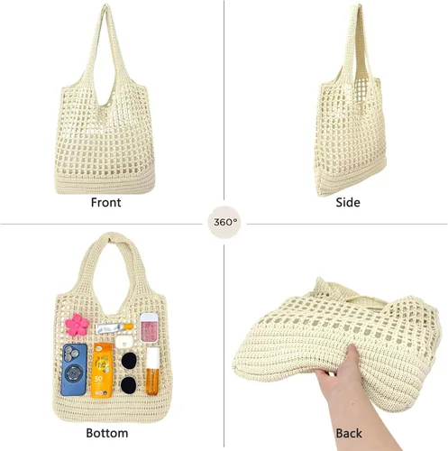 Miniatura 4 de ENBEI Bolso de playa plegable para mujer, lavable y ligero, bolso de hombro tejido ecológico para viajes, compras, regalos Blanco-A