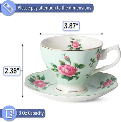 Miniatura 3 de BTAT - Juego de 8 tazas de té y platillos florales (8 onzas), juegos de tazas de té de porcelana, colores surtidos con ribete dorado y caja