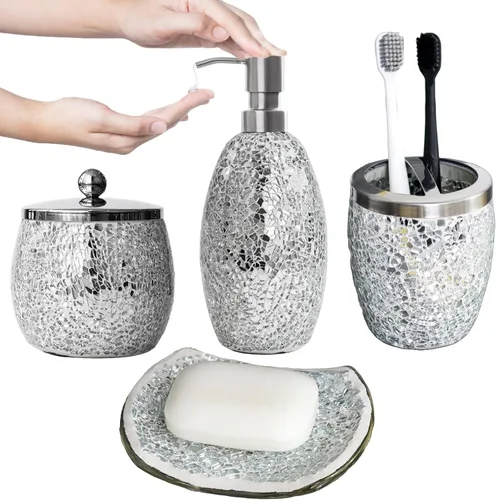Miniatura 10 de Escenzy - Elegantes conjunto de accesorios de baño verde 4 piezas Lujoso dispensador de jabón de vidrio, soporte para cepillo de dientes, frasco