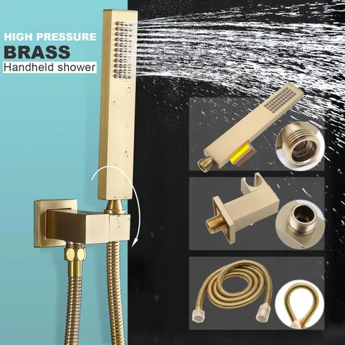 Miniatura 8 de Sistema de ducha de lluvia de oro cepillado, ducha de cuerpo completo Enga de 12 pulgadas con chorros corporales, juego combinado de ducha moderno
