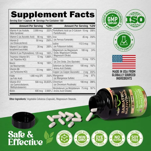 Miniatura 7 de Multivitamínico bariátrico - Suplementos de hierro de 45 mg - Fabricado en EE. UU. - para mujeres y hombres - Todo en uno, 21 vitaminas esenciales