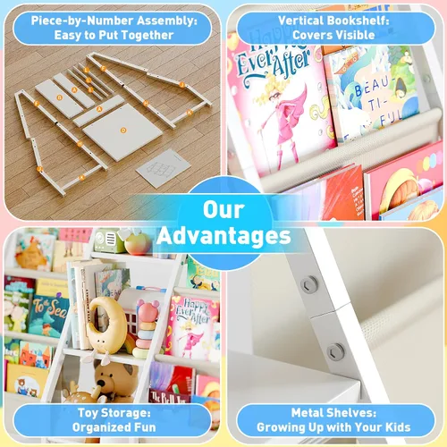 Miniatura 5 de Estantería organizadora de almacenamiento de juguetes para niños, estante para libros para habitaciones de niños, estantería infantil de 2 lados