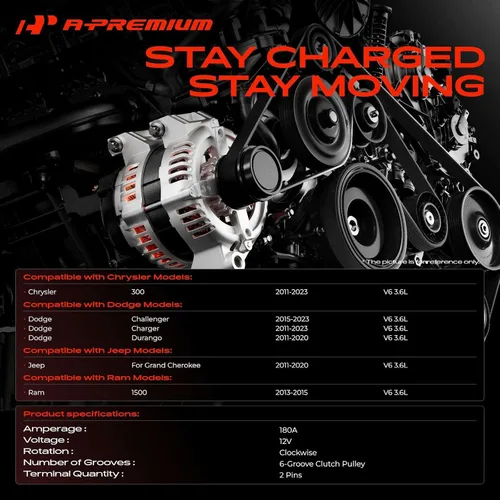 Miniatura 2 de A-Premium Alternador compatible con Chrysler 300 11-21 y Dodge Challenger 15-21, Charger, Durango y Jeep Grand Cherokee 11-20 y Ram 1500, 3.6L, 12V