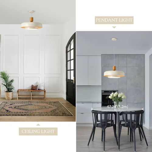 Miniatura 7 de Lámpara Colgante Grande Moderna de 19.68 Pulgadas, 2 Niveles con Pantallas Crema Suaves, Acento de Madera Natural y Latón, Candelabro de Mediados