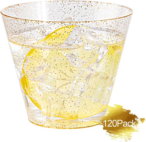 Miniatura 8 de Nervure 120 vasos de plástico con purpurina dorada, vasos de plástico resistentes de 9 onzas, vasos desechables dorados para bodas, Acción