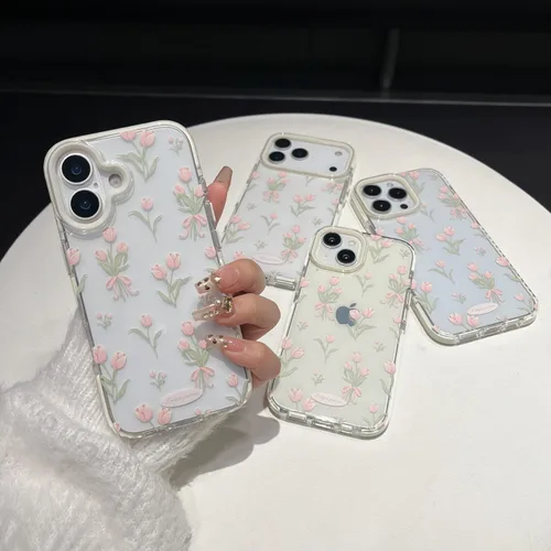 Miniatura 2 de Funda para iPhone 13, color blanco Funda para teléfono con diseño floral de tulipanes rosados para iPhone
