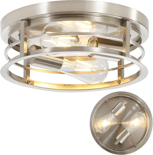 Lámpara de techo redonda empotrada de 2 luces, jaula de metal de níquel cepillado de granja cerca del techo, lámpara de montaje semitecho de base