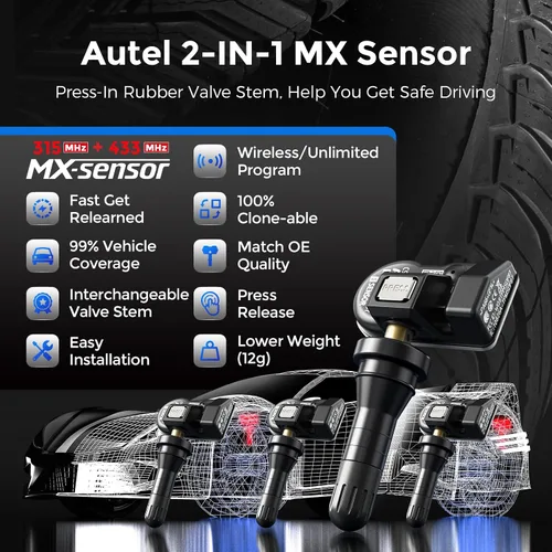 Miniatura 2 de Autel TPMS - Sensores MX, sensor TPMS de 315MHz y 433MHz 2 en 1, sensor de presión de neumáticos insertable, sistema de monitoreo de presión