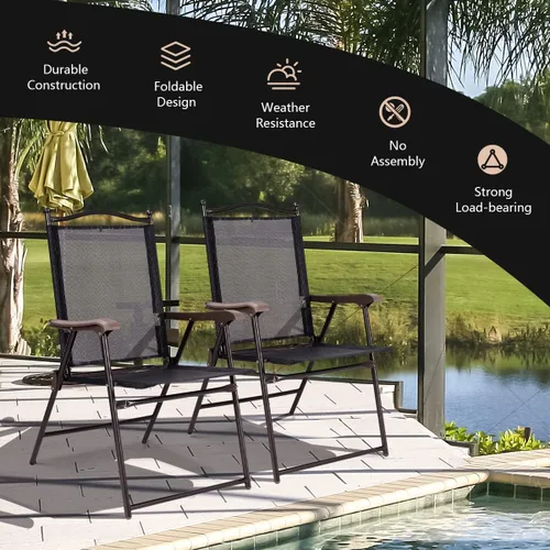 Miniatura 7 de TANGZON Set of 2 Folding Garden Chairs, Portable Steel Frame High Back Chair Set with Armrests, Indoor Outdoor Weather Resistant Dining Seat for