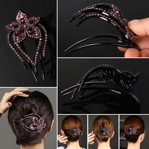 Miniatura 3 de 4 pinzas para el cabello con diamantes de imitación de corazón y flores, pasadores decorativos brillantes para el cabello, accesorios