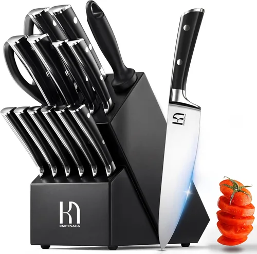 KnifeSaga Juego de 15 cuchillos de cocina de acero inoxidable de alto carbono con bloque y afilador, juego de cuchillos negros afilados de alta