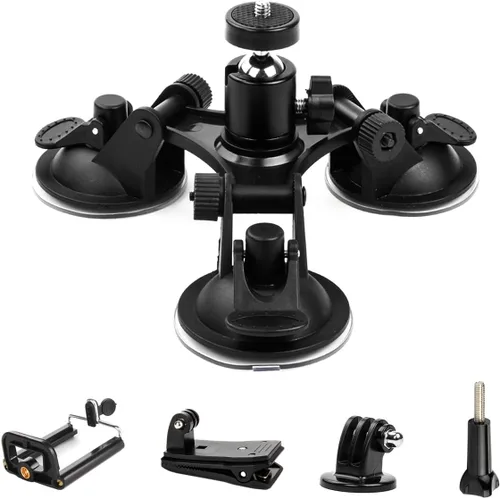 Soporte de cámara para coche – Soporte de succión para cámara – Soporte de triple ventosa con cabeza roscada de 1/4 cabeza de bola de trípode de 360