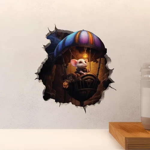 Miniatura 6 de Steampunk Mouse in Flying Machine Mouse Hole - Calcomanía de pared 3D con agujero de ratón