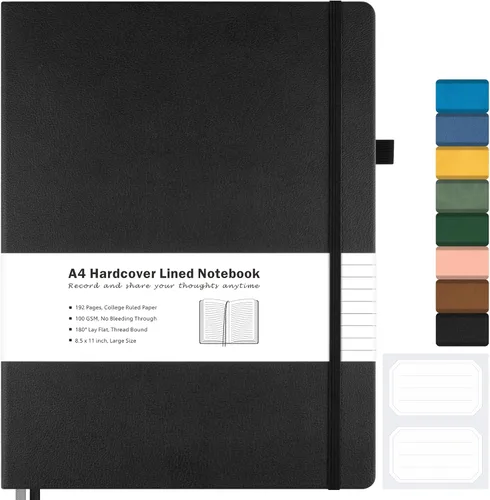 Cuaderno con rayas universitarias, cuaderno de cuero de tapa dura A4 para el trabajo, cuaderno diario rayado para mujeres, hombres, 192 páginas de