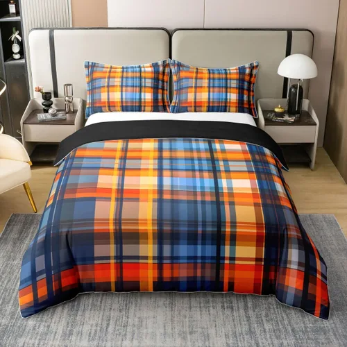 Miniatura 19 de Erosebridal Juego de ropa de cama de 100 % algodón a cuadros para niños y niñas, funda de edredón a cuadros, funda de edredón moderna geométrica